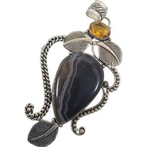 Handmade Silver Pendant with Black Banded Agate & Citrine in Leaf Motif Setting